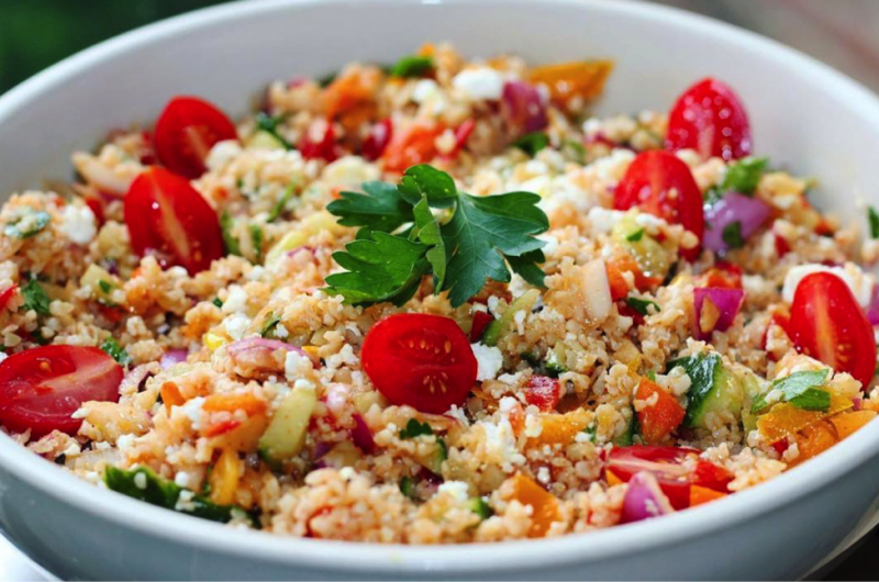 AOOC Wild Fernleaf Dill Vinaigrette Over Bulgur Salad with Mediterranean Vegetables