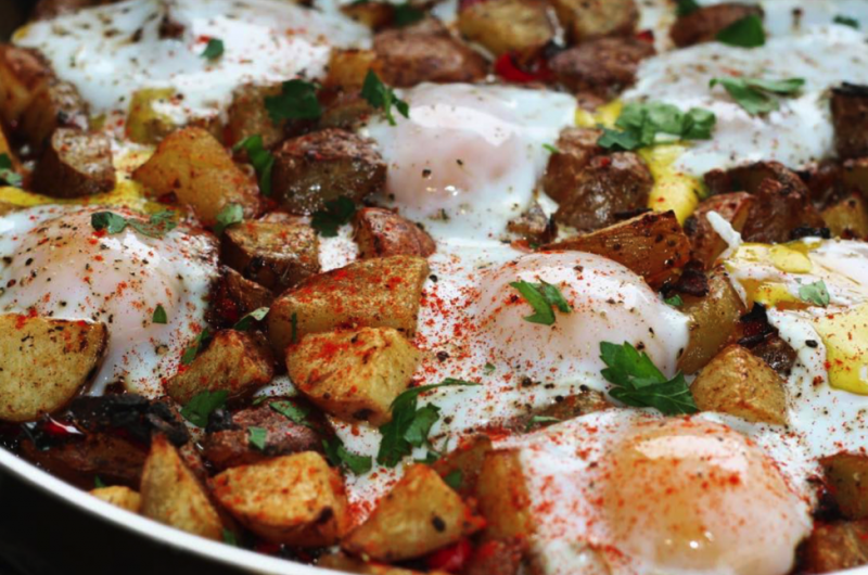 Harissa Red Hashed Potatoes & Baked Eggs