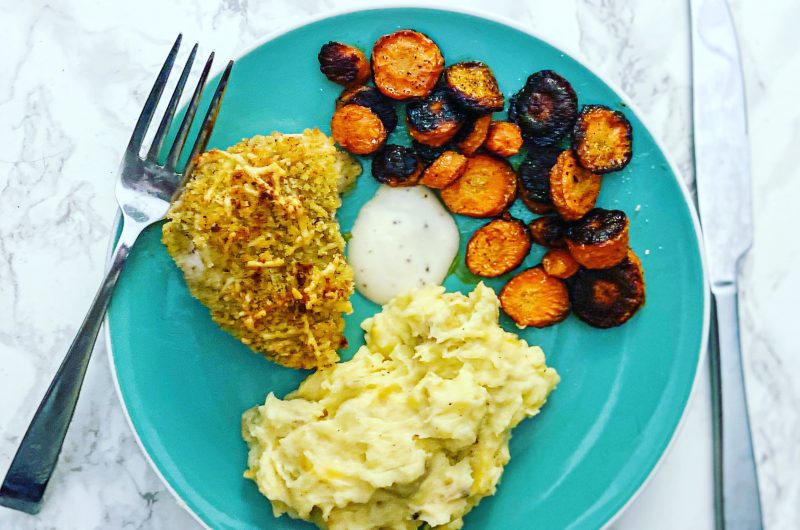 Crispy Ceasar Chicken, Loaded Mashed Potatoes, & Sweet Roasted Carrots